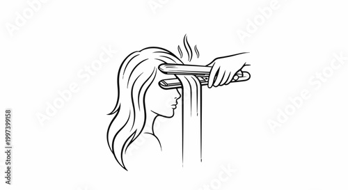 Black and white illustration of a person straightening hair with a hot iron