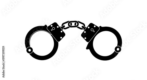 Black Handcuffs Silhouette Isolated on White Background, Symbol of Justice and Crime