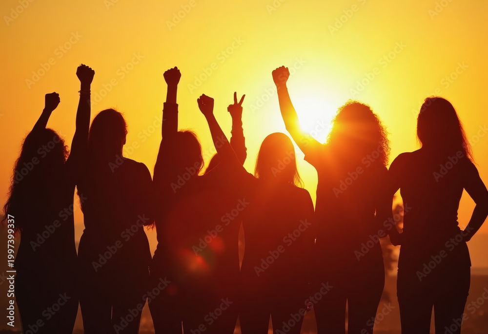 Fototapeta premium A Silhouette Of A Group Of Women Standing Together With Their Arms Raised Against A Bright Sunset