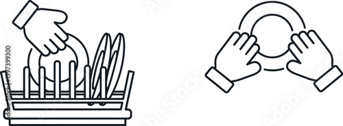 Hand Washing Dishes Icon Set: Drying Rack and Washing Plate