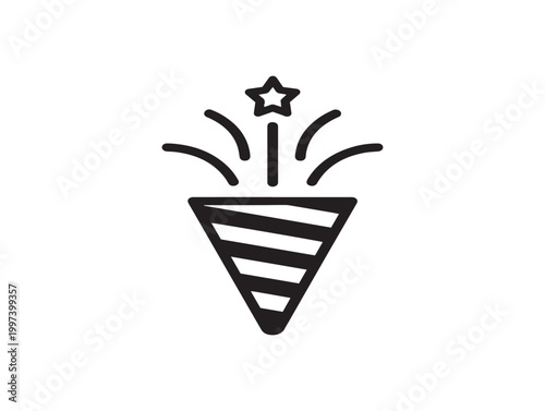 Festive celebration icon a black and white party popper with sparkling starburst