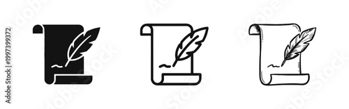 Ancient Scroll and Quill Feather Pen Writing Icon Set