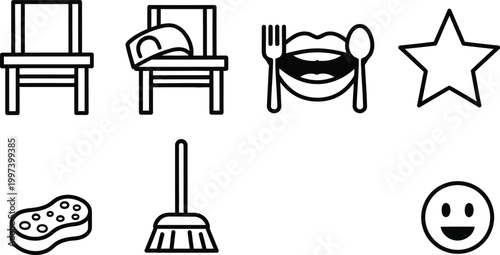 Set of Simple Line Icons: Chair, Food, Star, Sponge, Broom, Smiley Face