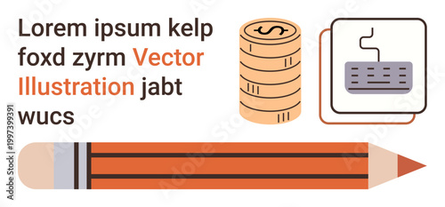 Financial planning, business strategy, workplace tools, education, creativity, office setups. Coins, keyboard and pencil elements in a flat style. Financial planning and business strategy