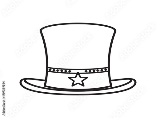 Simple black and white line drawing of a classic top hat with star