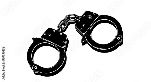 Black Handcuffs Isolated on White Background, Crime and Justice Symbol