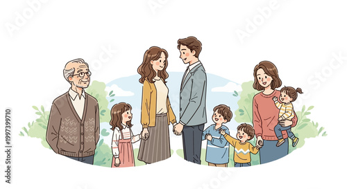 Illustration of multi-generational family relationships and connections.