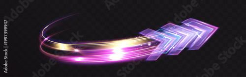 Glowing light trail forming dynamic arrow shapes with bright highlights and smooth curves. Energy motion effect with colorful streaks isolated on transparent background.
