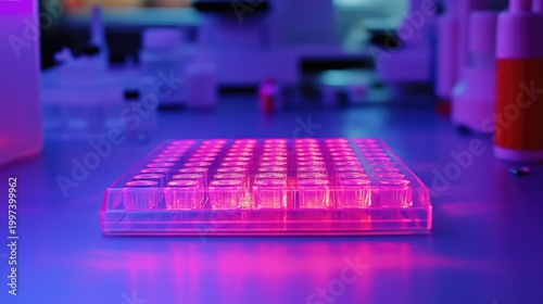 Multi well plate glowing under uv light in laboratory