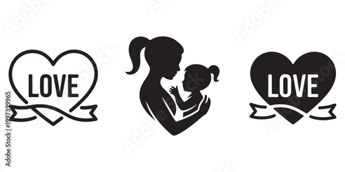 Love and family heart icons with mother and child silhouettes