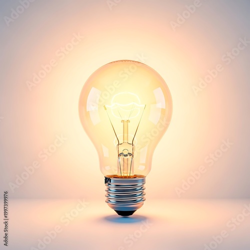 An illuminated vintage light bulb stands upright and glows warmly on a clean white surface.