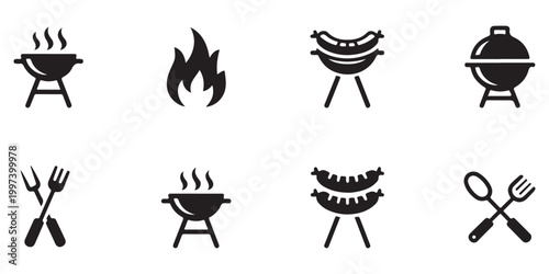 Black silhouette icons of barbecue grills, fire, and cooking utensils