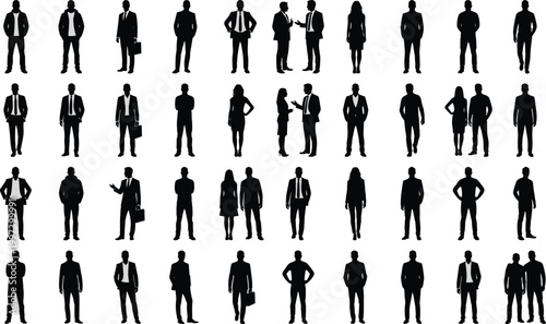 Business people silhouette collection with standing professional men and women black shadow human figures isolated background set
