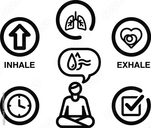 Breathing Exercise Icons: Inhale, Exhale, Lungs, Meditation, Timer, Progress