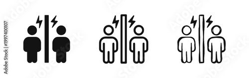 Conflict and Dispute Icon Set, Two People Separated by a Wall with Lightning Symbols