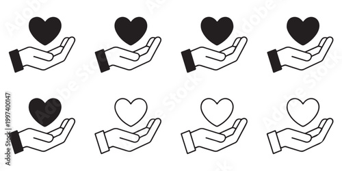 Mixed solid and outline heart icons held in hands
