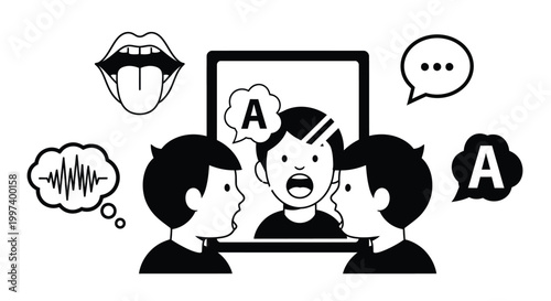Communication concept, speech bubbles, sound waves, mouth, people talking, learning languages