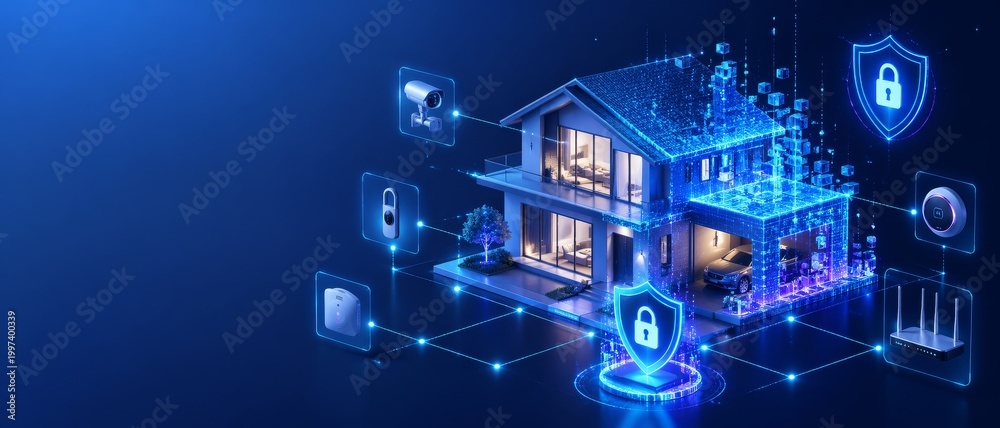 Naklejka premium Smart home isometric banner with a private house made of digital code, illustrating cyber safety, connected home systems, and secure internet of things protection for modern residential living.