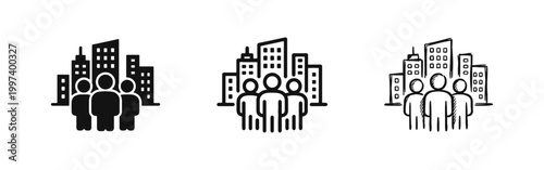 Urban Community and Population Icon Set, Group of People Standing in Front of City Skyscrapers