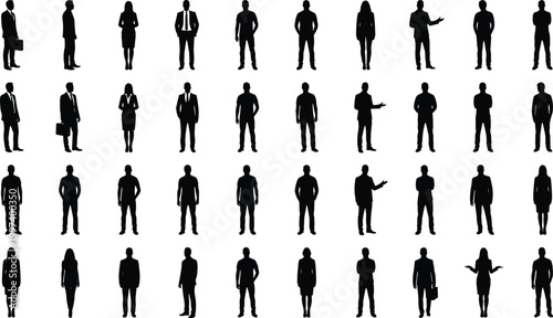 Business people standing silhouette collection with professional men and women black shadow human figures isolated background set