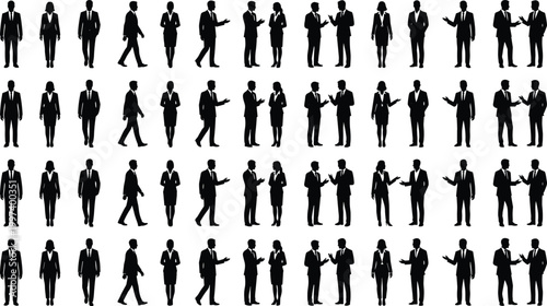 Business people silhouette collection with standing walking and talking professional black shadow human figures isolated background set