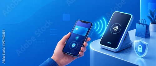 Isometric mobile payment banner showing secure contactless shopping through a smartphone with NFC chip, illustrating digital transactions, wireless checkout, and convenient retail technology.