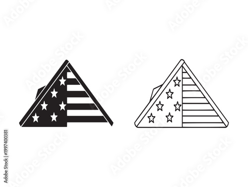 Two pyramid illustrations one solid black one white outline with american flag design