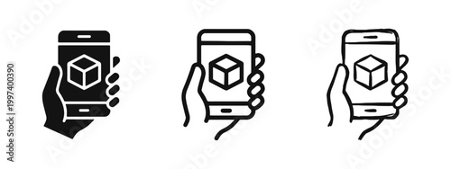 Augmented Reality and 3D Technology Icon Set, Hand Holding Smartphone with Cube Display