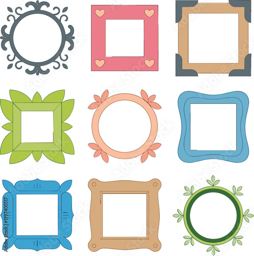 Set of colorful decorative photo frames, vintage and modern border collection for gallery and creative design projects