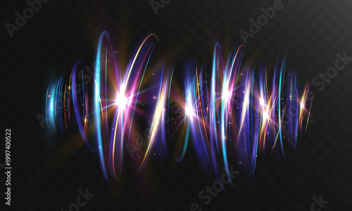 Colorful flowing light waves with bright sparkling flares and smooth curves. Dynamic glowing lines create energy motion effect isolated on transparent background.
