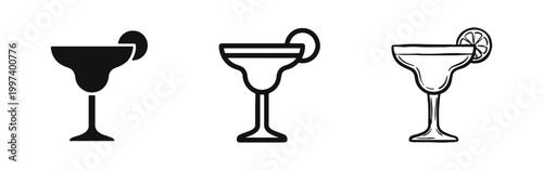 Margarita Cocktail Icon Set, Tropical Drink Glass with Lime Slice Graphic Collection