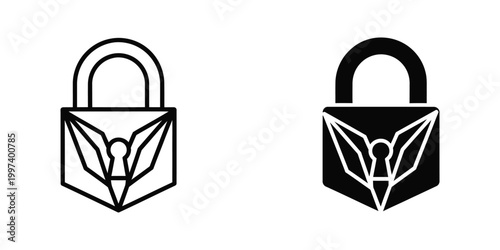 Contrasting padlock designs with a stylized emblem and keyhole motif in black and white versions
