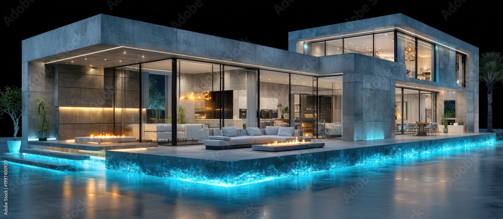 Fototapeta premium Modern Concrete Home with Pool at Night