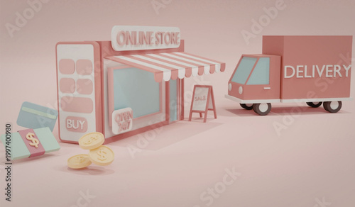 Online store delivery concept with truck and shopping elements on pink background
