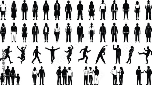 People silhouette collection with standing walking running business family and social black shadow human figures isolated set