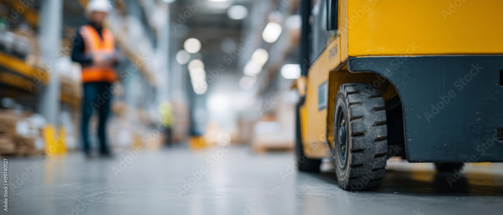 Fototapeta premium Forklift wheel in warehouse environment