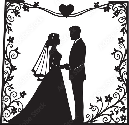 Black silhouette of bride and groom holding hands in wedding
