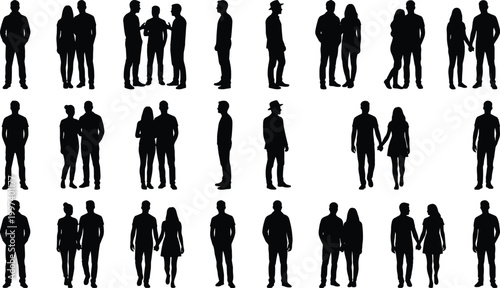 People standing and couple silhouette collection with walking talking black shadow human figures isolated on gray background