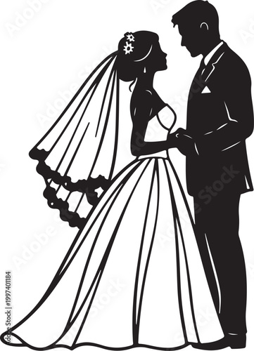 Black silhouette of bride and groom holding hands wedding