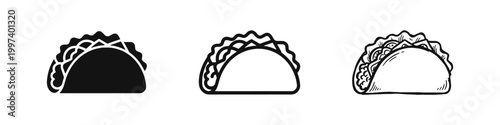 Mexican Taco Icon Set, Traditional Fast Food Snack Graphics in Multiple Artistic Styles
