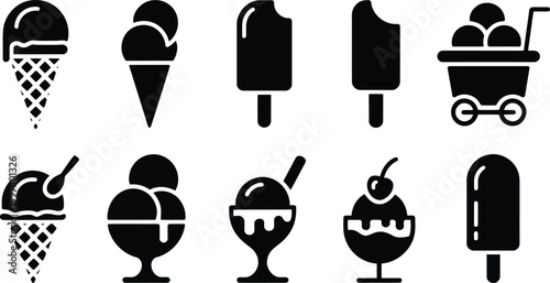 Set of black ice cream icons featuring cones bowls and various frozen dessert treat varieties