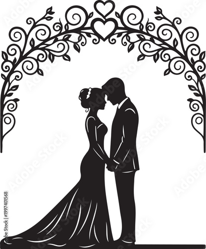 Black silhouette of bride and groom under heart shaped