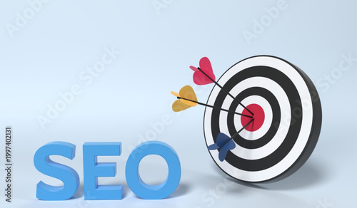 Seo optimization target with colorful arrows hitting bullseye on black and white dartboard on light blue background