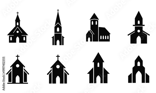 Collection of eight stylized church building icons representing places of worship and religion.