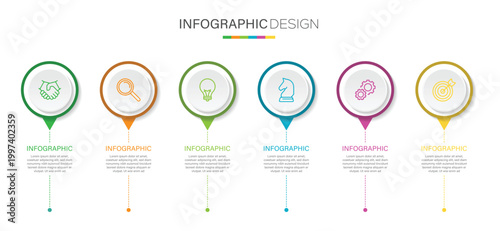 Steps business data visualization timeline process infographic template design with icons. Timeline infographic design vector and marketing icons with 6 options. Vector template.