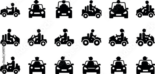 Black silhouette icons of various vehicles with drivers in a grid arrangement