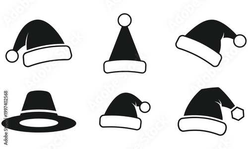 Santa hat collection with various styles and shapes for christmas holiday character costume and festive graphic design.