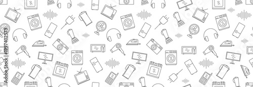 Various household appliances with outline, seamless pattern.