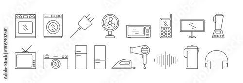 Collection of minimalistic linear icons representing various household appliances, vector icon set.