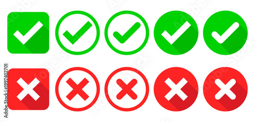 Free Download Vector set of check marks and cross icons in various styles, including squares, circles, and flat designs with long shadows. UI elements in green and red for validation, approval - GFXLoad